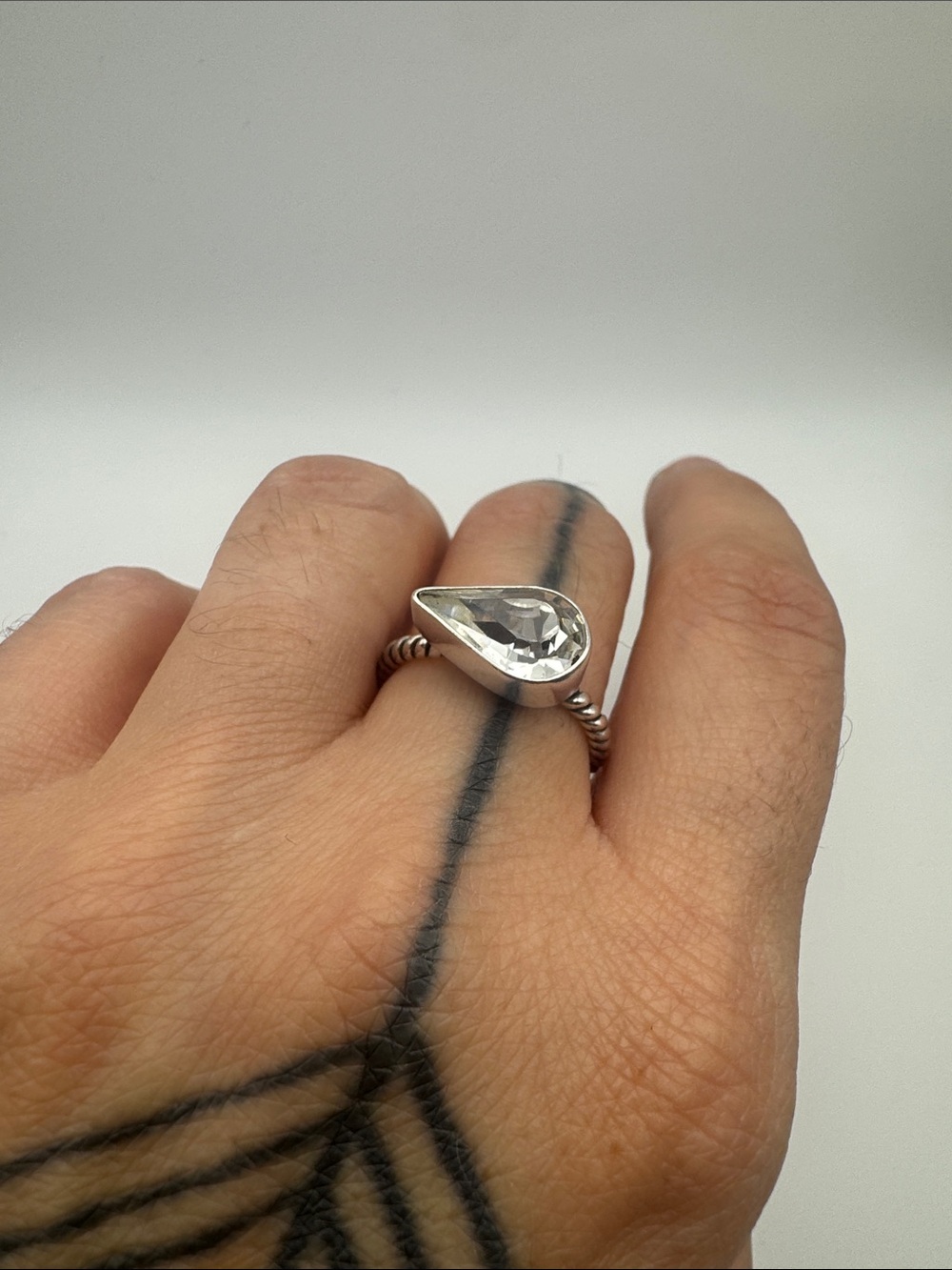 Sterling Silver Pear-Cut Clear Gemstone Ring - Clear